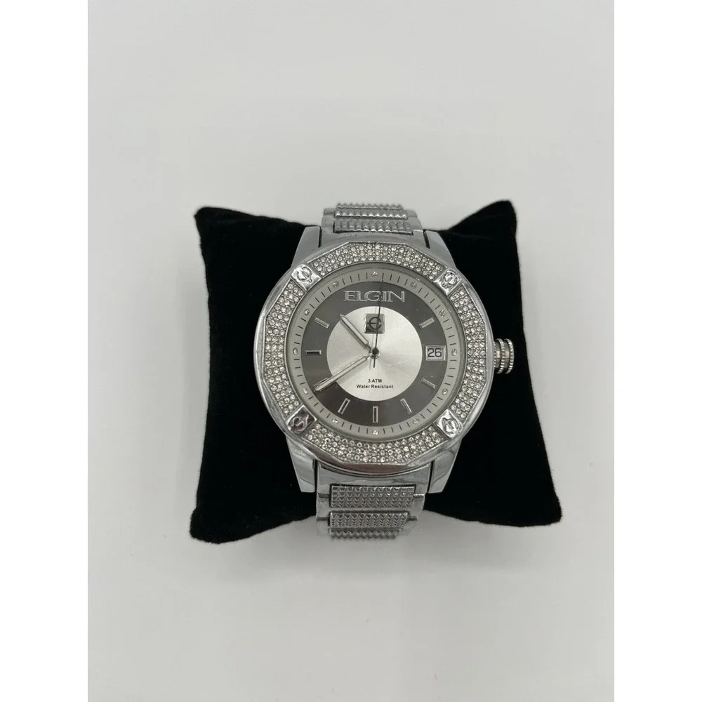 Elgin mens luxury Silver tone Watch With Crystals FG160032